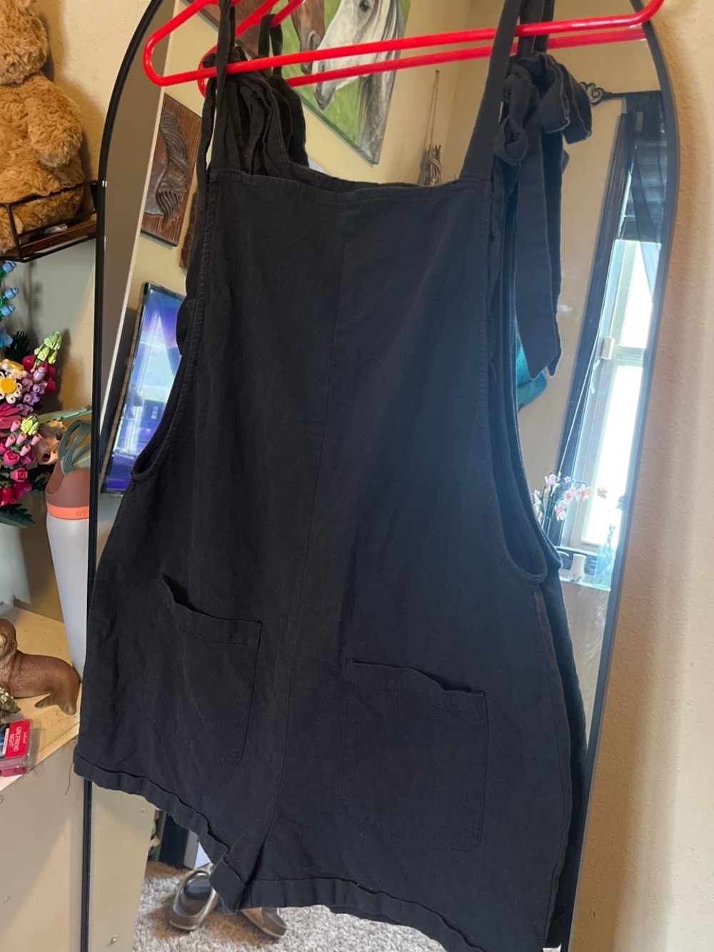 Black Tie-Shoulder Bodysuit Romper with Front Pockets